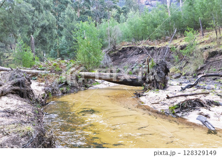 Flood damage at the Capertee River in the Wollemi National Park 128329149
