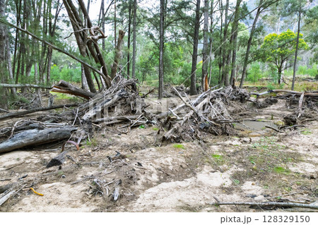 Flood damage at the Capertee River in the Wollemi National Park 128329150