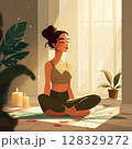 Tranquil illustration of a girl sitting cross-legged on a yoga mat near a window in peaceful morning meditation. Surrounded by calming elements including a lit candle, potted plant, and scattered rose 128329272