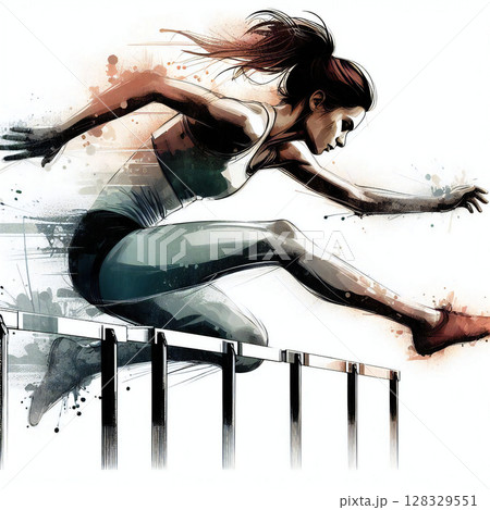 【陸上競技シルエット】ハードルを跳ぶ女性スプリンターの躍動感 / シンプルなイラスト 128329551