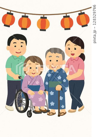 介護職員に支えられて夏祭りを楽しむ高齢者 128329766