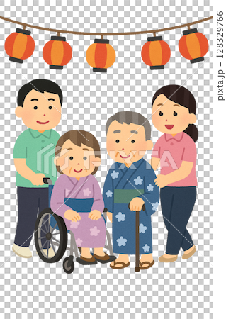 介護職員に支えられて夏祭りを楽しむ高齢者 128329766