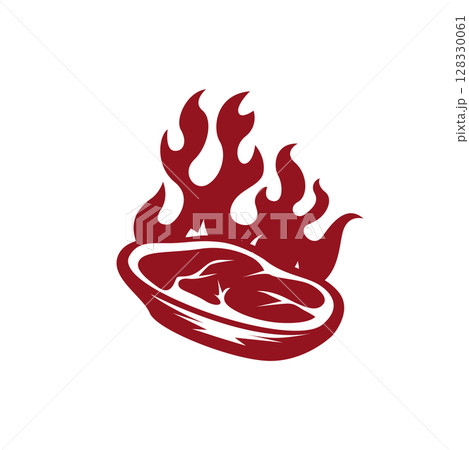 silhouette of steak logo with vintage old minimalist concept with meat, fire and knife, illustration of steak symbol grilled meat templet brand restaurant, food, bar, cafe and poster 128330061