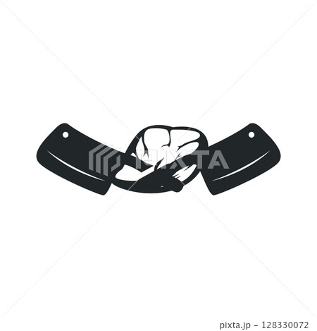 silhouette of steak logo with vintage old minimalist concept with meat, fire and knife, illustration of steak symbol grilled meat templet brand restaurant, food, bar, cafe and poster 128330072