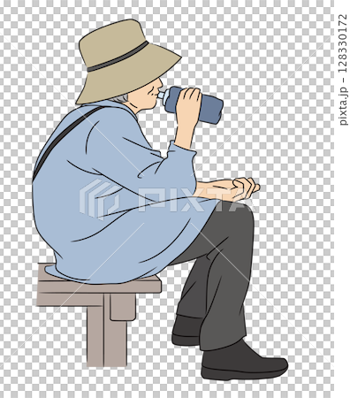 休みながら水を飲む高齢女性 休みながら水を飲む高齢女性 128330172