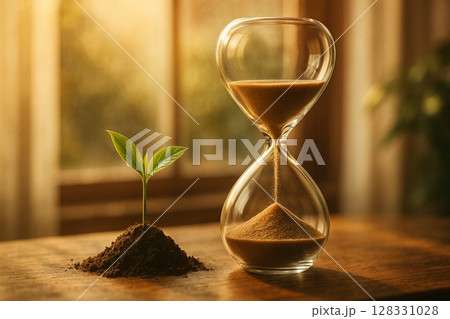 若葉と砂時計が象徴する成長 若葉と砂時計が象徴する成長 128331028