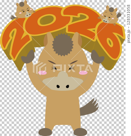 Let's lift up 2026 with the power of the family! A cute New Year's illustration of a parent and child horse character supporting the numbers, the Chinese zodiac sign of the year 128331058