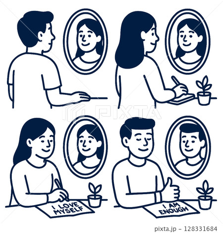 Person reflecting on self love and positivity through writing and self affirmation 128331684