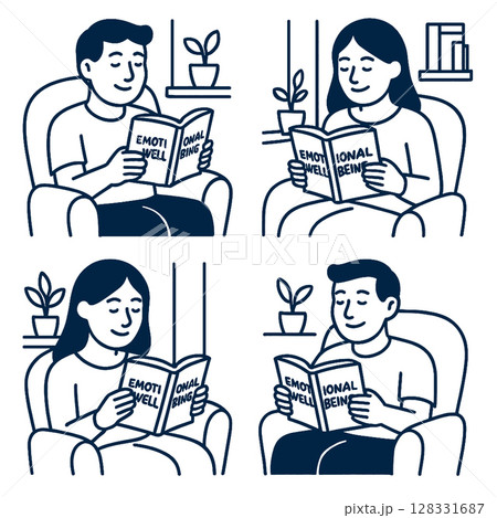 Person reading about emotional well being in cozy setting, reflecting calm atmosphere 128331687