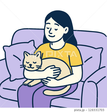 Person sitting on couch, gently holding cat, radiating warmth and affection 128331703