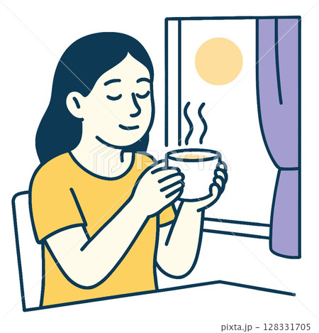 Enjoying warm beverage by window, person relaxes in sunlight 128331705
