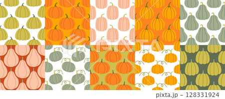Pumpkins seamless pattern big set. Autumn pumpkin on isolated background. Square repeat pattern flat design for fall season. 128331924