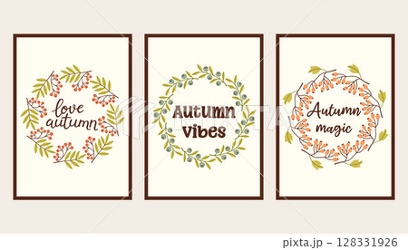 Autumn simple poster set. Fall flyer doodle set. Vectical banner autumn elements. Autumn interior design poster, end of season promo template. Vector illustration. 128331926