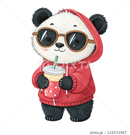 Black animals in cute  minimal style Drink bubble tea Clipart Watercolor  128331967