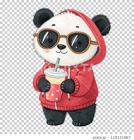 Black animals in cute  minimal style Drink bubble tea Clipart Watercolor  128331967