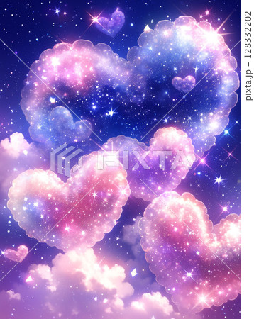 キラキラ輝くハート雲と星空の幻想 128332202