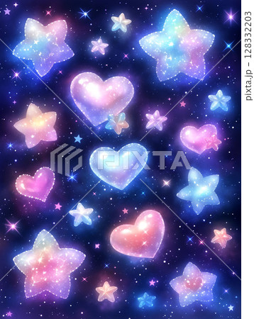 パステルの星とハートが輝く幻想背景 128332203