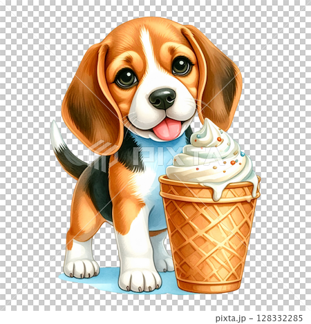 冰淇淋和微笑的小獵犬小狗 1 / 傳單和海報材料 128332285