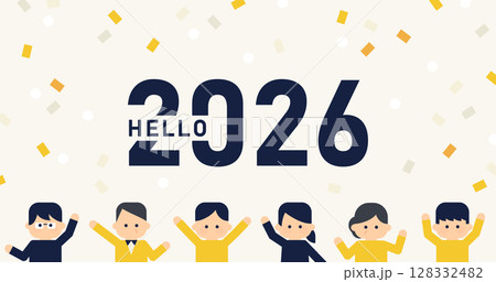 2026年の幕開けを祝うHELLO 2026と人物のイラスト | ベクター アイキャッチ 128332482