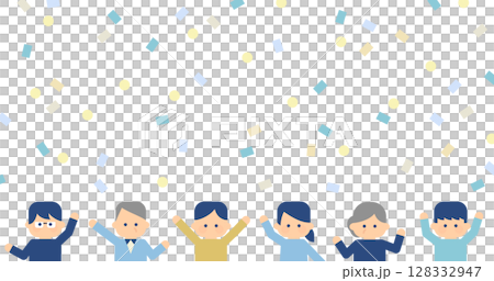 紙吹雪と手を挙げて喜ぶ人物たちのイラスト(青系配色) | ベクター 背景 アイキャッチ 紙吹雪と手を挙げて喜ぶ人物たちのイラスト(青系配色) | ベクター 背景 アイキャッチ 128332947