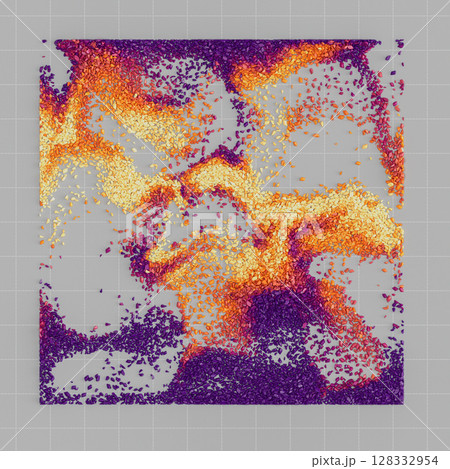Top view of plastic-like red, orange and yellow granules on structured background. Top view of plastic-like red, orange and yellow granules on structured background. 128332954