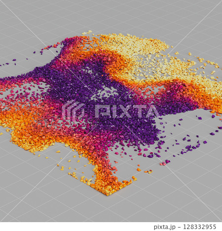 Abstract scattered granules in warm shades on technical gray surface. 128332955