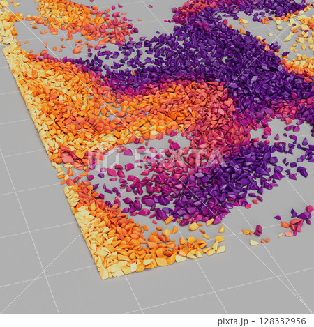 Granular pattern of scattered red, purple and yellow particles on structured background. 128332956