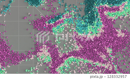 Fragmented colorful particles on grid floor surface. 128332957