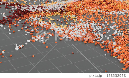 Abstract composition of scattered particles on gray grid background. 128332958