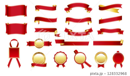 赤と金のリボンとメダルのセット／高級感のある飾りフレーム素材 128332968