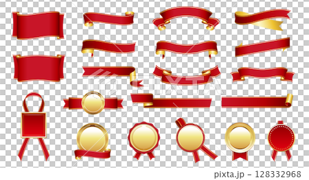 一套紅色和金色的絲帶和獎牌/豪華裝飾框架材料 128332968