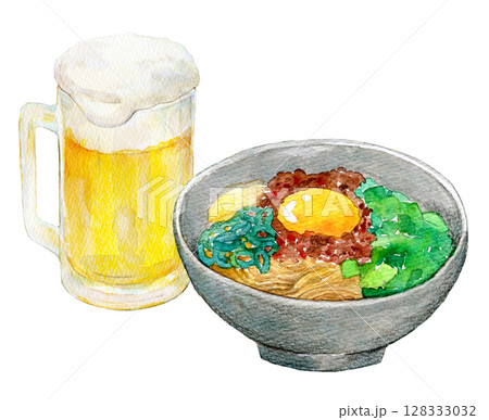 水彩イラスト　手描きイラスト　台湾まぜそばと生ビール 128333032
