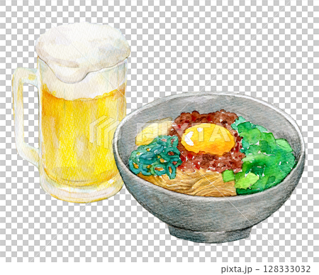 水彩イラスト　手描きイラスト　台湾まぜそばと生ビール 128333032