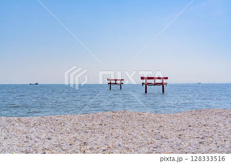 (佐賀県)有明海 大魚神社の海中鳥居 (佐賀県)有明海 大魚神社の海中鳥居 128333516