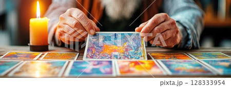 Intricate tarot card being flipped over with candlelight illuminating the background 128333954