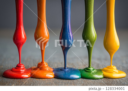 Vibrant Glossy Paint Drips Flowing Down Against Stark Black Background Vibrant Glossy Paint Drips Flowing Down Against Stark Black Background 128334001
