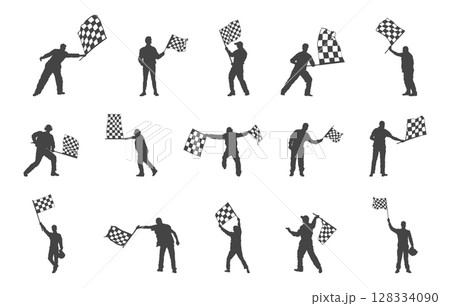 Man waving checkered flag silhouette, Man waving racing flag svg, Waving checkered flag silhouette, People waving racing flag silhouette, Man with racing flag silhouette. 128334090