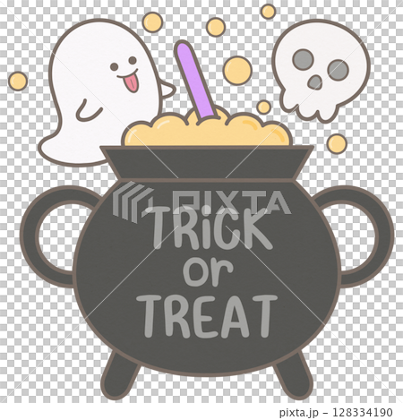 Cute happy halloween element witch cauldron with ghosts Cute happy halloween element witch cauldron with ghosts 128334190