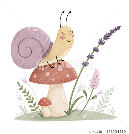Cute snail holding a flower sitting on a mushroom's back Clipart Watercolor  128334310