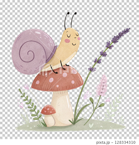 Cute snail holding a flower sitting on a mushroom's back Clipart Watercolor  128334310