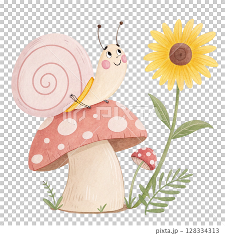 Cute snail holding a flower sitting on a mushroom's back Clipart Watercolor  128334313