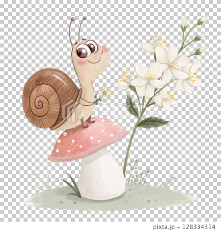 Cute snail holding a flower sitting on a mushroom's back Clipart Watercolor  128334314