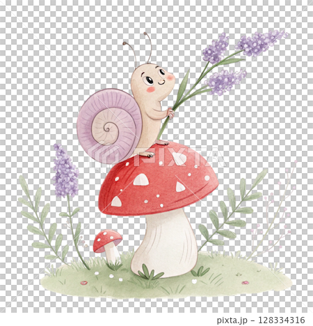 Cute snail holding a flower sitting on a mushroom's back Clipart Watercolor  128334316