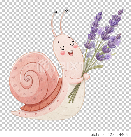 Cute snail with flowers Clipart watercolor  128334405
