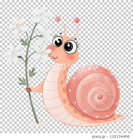 Cute snail with flowers Clipart watercolor  128334406