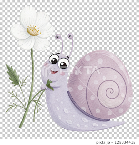 Cute snail with flowers Clipart watercolor  128334418