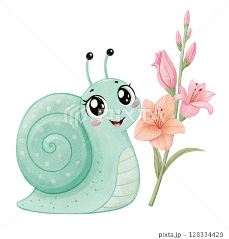Cute snail with flowers Clipart watercolor  128334420