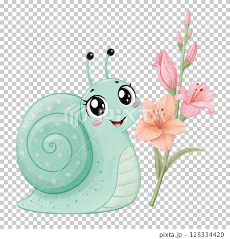Cute snail with flowers Clipart watercolor  128334420