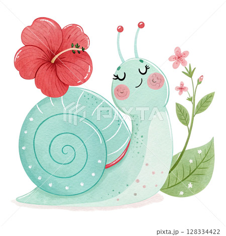 Cute snail with flowers Clipart watercolor  128334422