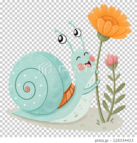 Cute snail with flowers Clipart watercolor  128334423